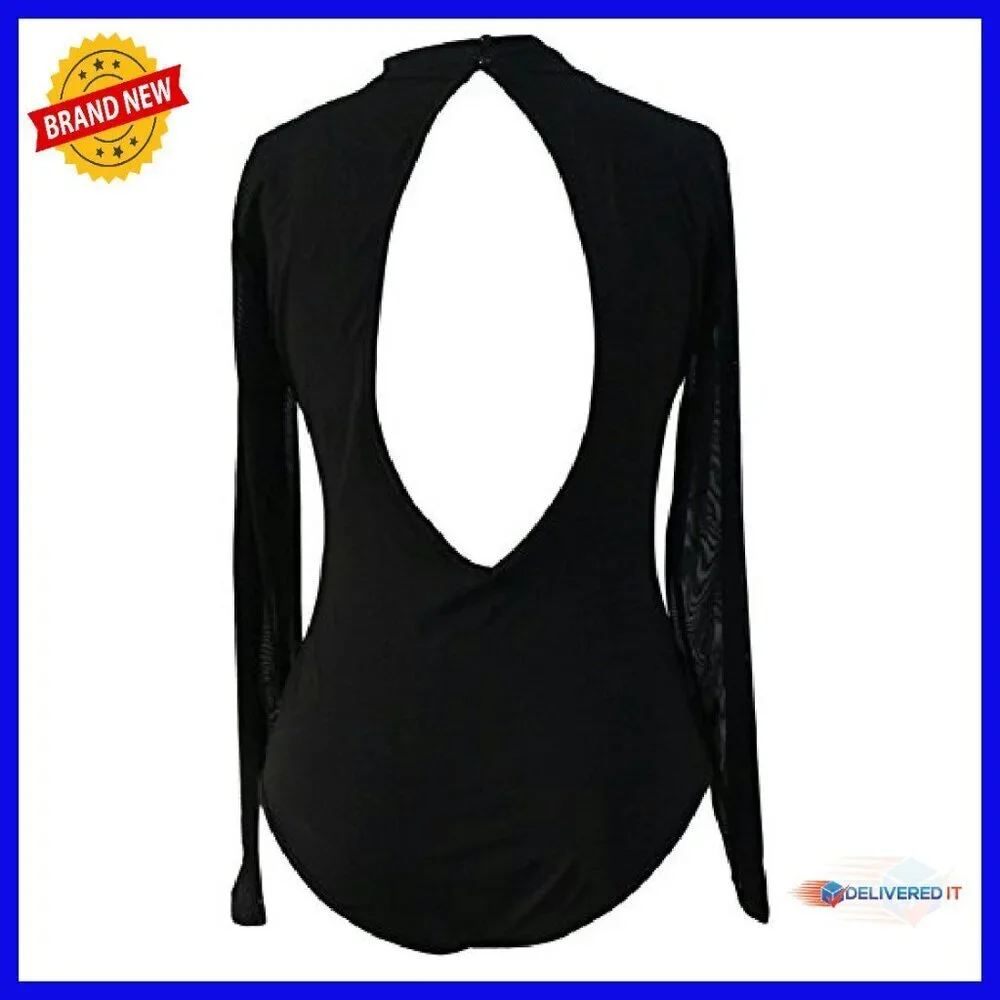 Sheer Mesh Turtleneck Bodysuit with Rhinestones, Snap Closure